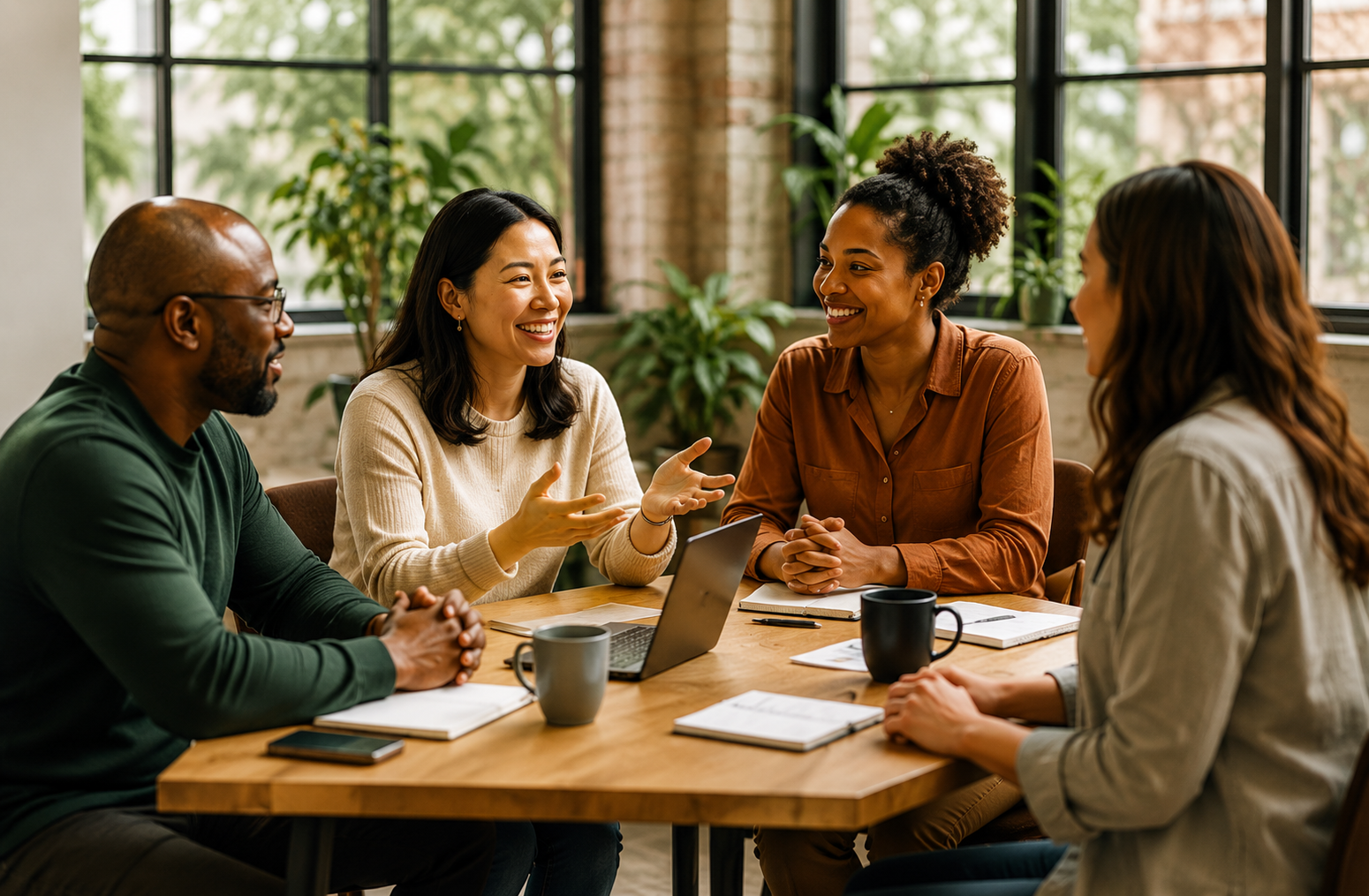 Diverse team collaborating around a table in a bright meeting room