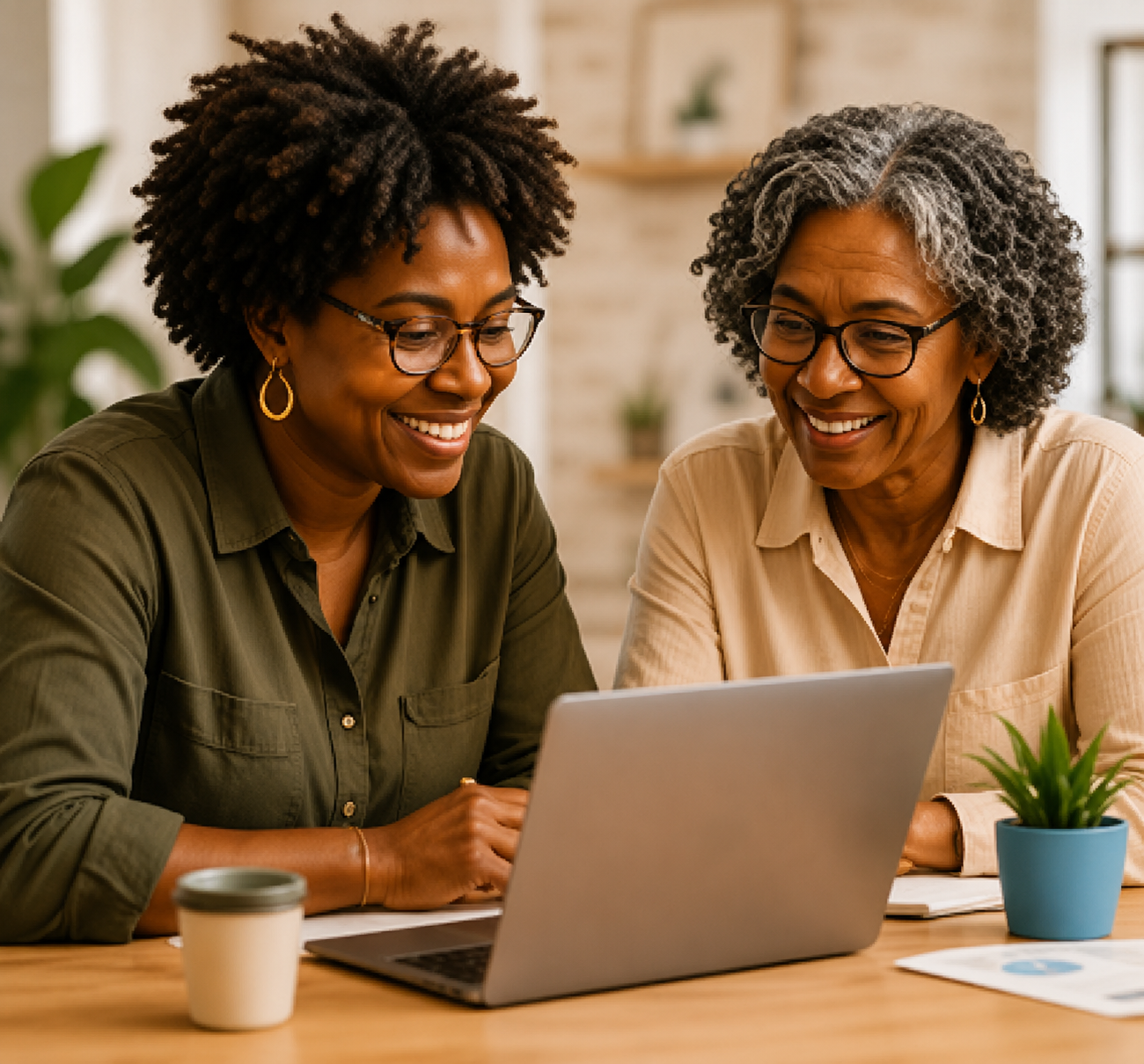 Two women collaborating at a laptop